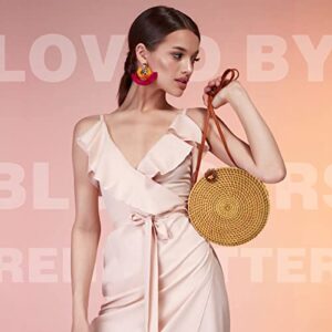 WOWLADY Round Rattan Bags Woman Handwoven Straw Purse Bag Crossbody Shoulder Leather Straps Natural Chic Leather Buckle