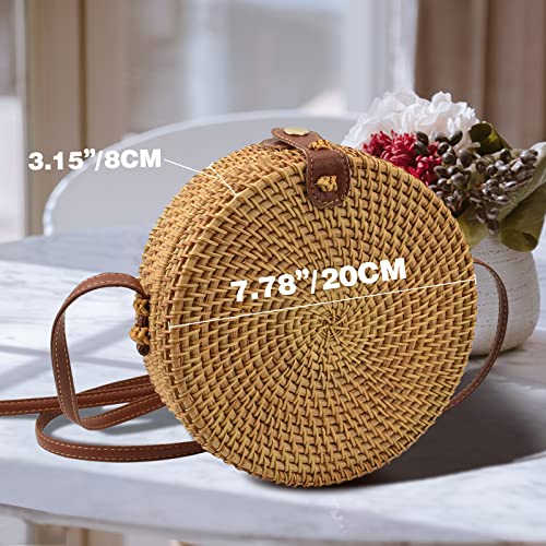 WOWLADY Round Rattan Bags Woman Handwoven Straw Purse Bag Crossbody Shoulder Leather Straps Natural Chic Leather Buckle