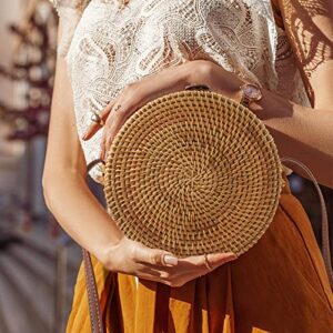 WOWLADY Round Rattan Bags Woman Handwoven Straw Purse Bag Crossbody Shoulder Leather Straps Natural Chic Leather Buckle