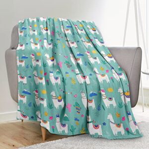 llama blanket, llama gifts for women girls, soft fleece blanket for baby kid’s adults, lightweight warm cozy cute alpaca throw blanket for couch bed colorful cactus gifts – teal green 40″x50″