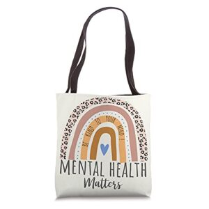 mental health matters boho leopard rainbow self care tote bag