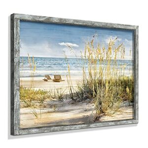 Beach Picture Wooden Artwork Framed: Coastline Wall Art Seascape Wall Decor Ocean Scene Art Prints for Bedroom 32"x24"