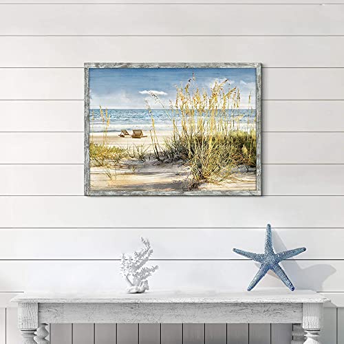 Beach Picture Wooden Artwork Framed: Coastline Wall Art Seascape Wall Decor Ocean Scene Art Prints for Bedroom 32"x24"