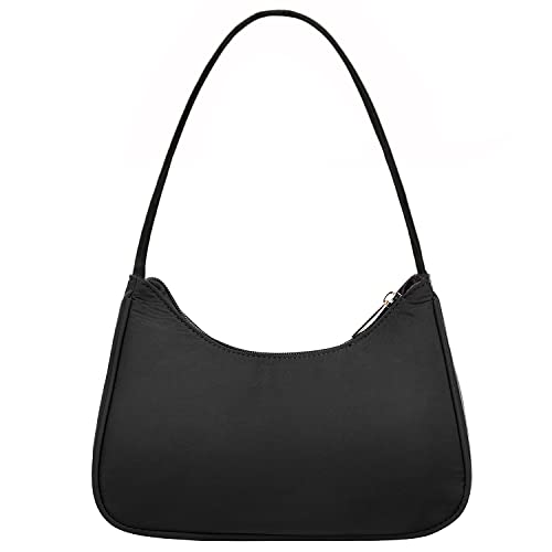 Loiral Small Purse for Women, Cute Hobo Tote HandBag Mini Clutch, Nylon Shoulder Bags with Zipper Closure, Black