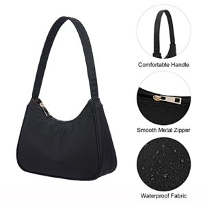 Loiral Small Purse for Women, Cute Hobo Tote HandBag Mini Clutch, Nylon Shoulder Bags with Zipper Closure, Black