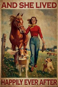 metal tin retro sign- vintage girl with horse and dogs metal poster, she lived happily ever after metal poster, vintage art, retro metal poster, vintage wall art, living room decor 8x12inch