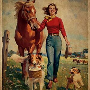 Metal Tin Retro Sign- Vintage Girl with Horse and Dogs Metal Poster, She Lived Happily Ever After Metal Poster, Vintage Art, Retro Metal Poster, Vintage Wall Art, Living Room Decor 8x12inch