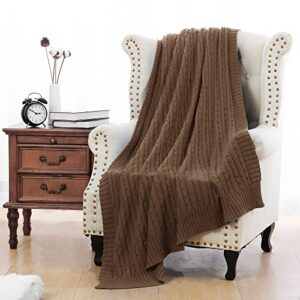 alysheer 100% cotton cable knit throw blanket 57 x 63 in, all weather chic sweater knitted textured soft warm lightweight decorative sofa throws for couch bed outdoor chair(coffee light brown)