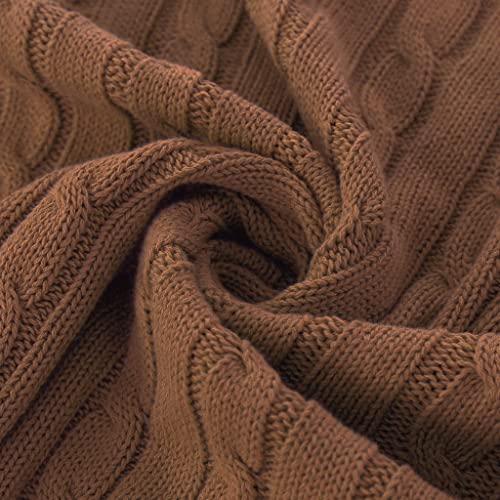 Alysheer 100% Cotton Cable Knit Throw Blanket 57 x 63 in, All Weather Chic Sweater Knitted Textured Soft Warm Lightweight Decorative Sofa Throws for Couch Bed Outdoor Chair(Coffee Light Brown)