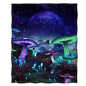 Jekeno Mushroom Blanket Galaxy Space Fantasy Plant Print Throw Black Blanket Lightweight Cozy Print Warm for Sofa Chair Bed Office 50"x60"