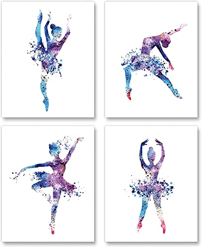 Watercolor Ballet Prints Ballerina Dancers Wall Art Woman Dancing Decor Girls Room Women Bedroom Decor Colorful Poster Classroom Decoration Elegant Gift for Girls (8x10 inch，Set of 4，Unframed)