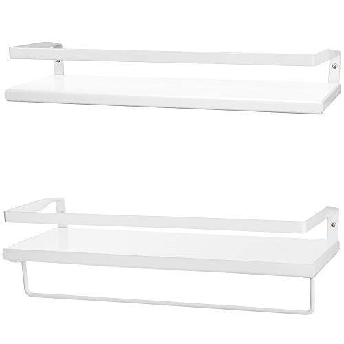 Peter's Goods Modern Floating Shelves with Rail - Wall Mounted Bathroom Wall Shelves with Towel Bar - Also Perfect for Bedroom Decor and Kitchen Storage - Solid Pine Wood Shelf Set of 2 (White)