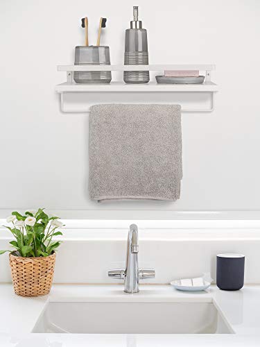 Peter's Goods Modern Floating Shelves with Rail - Wall Mounted Bathroom Wall Shelves with Towel Bar - Also Perfect for Bedroom Decor and Kitchen Storage - Solid Pine Wood Shelf Set of 2 (White)