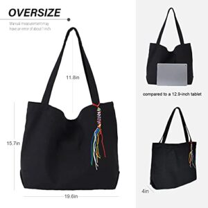 Gxamz Canvas Tote Bag for Women Oversized Casual Shoulder Handbag Large Shopping Bag Purse with Longer Straps (Black)