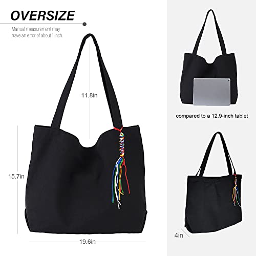 Gxamz Canvas Tote Bag for Women Oversized Casual Shoulder Handbag Large Shopping Bag Purse with Longer Straps (Black)