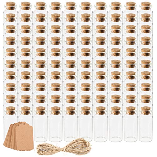 Kingrol 100 Pack 10ml Glass Bottles with Cork Stoppers, Mini Bottle with Personalized Label Tags and String for Arts Crafts Projects, Decoration, Party Favors