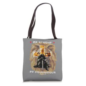 be strong courageous christian messages lion cross graphic tote bag