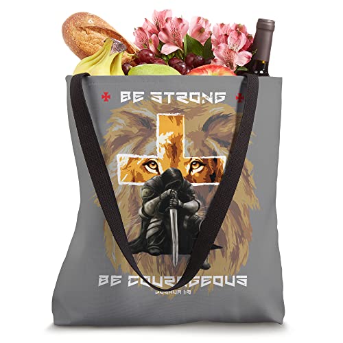 Be Strong Courageous Christian Messages Lion Cross Graphic Tote Bag