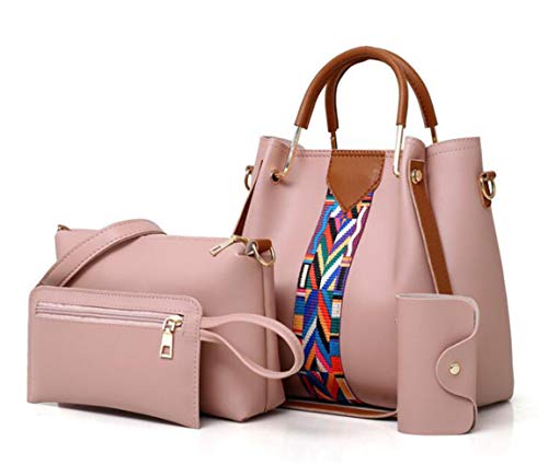 SMALLBLUER 4pcs Hobo Tote and Purse Satchel for Women Top-handle Handbag PU Shoulder Bag Clutch Card Holder-Pink