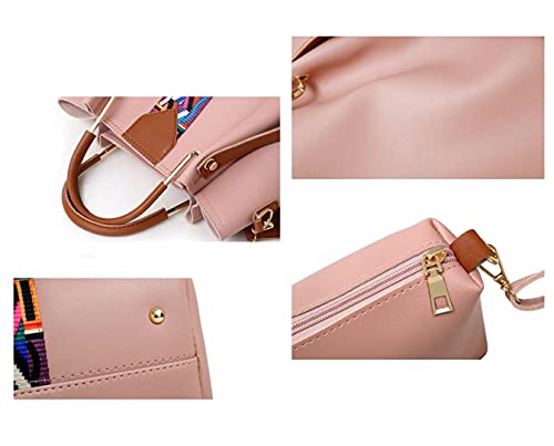 SMALLBLUER 4pcs Hobo Tote and Purse Satchel for Women Top-handle Handbag PU Shoulder Bag Clutch Card Holder-Pink