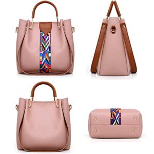 SMALLBLUER 4pcs Hobo Tote and Purse Satchel for Women Top-handle Handbag PU Shoulder Bag Clutch Card Holder-Pink