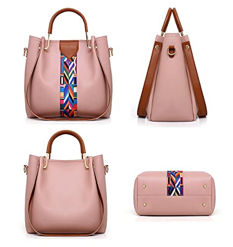 SMALLBLUER 4pcs Hobo Tote and Purse Satchel for Women Top-handle Handbag PU Shoulder Bag Clutch Card Holder-Pink