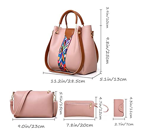 SMALLBLUER 4pcs Hobo Tote and Purse Satchel for Women Top-handle Handbag PU Shoulder Bag Clutch Card Holder-Pink