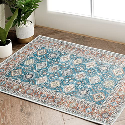 jinchan Area Rug 2x3 Entryway Persian Rug Vintage Floor Mats Indoor Kilim Rug Chenille Door Mat Blue Red Multi Print Overdyed Boho Retro Floorcover Farmhouse Kitchen Bathroom Living Room Bedroom