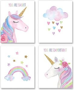 watercolor unicorn nursery wall art girls room decor inspirational rainbow flower prints baby girls room poster colorful picture cute paintings for kids room lovely gift (8×10 inch，set of 4，unframed)