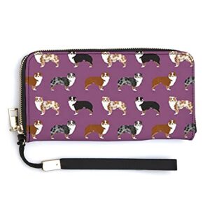 australian shepherd dogs pu leather clutch wallets long zip purse tote handbag with removable wristlet for women girl’s