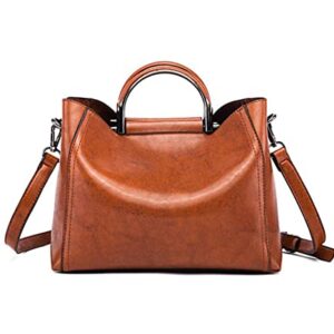 SMALLBLUER Women Oil Wax Leather Tote Hobo Shoulder Crossbody Large Capacity Simple Satchels Purse Clutches Handbags-Brown