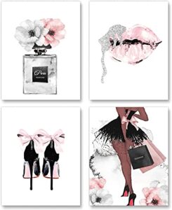 watercolor fashion women wall art glam poster modern artwork for girls bedroom pink flowers perfume handbag high heel lips paintings for women room bathroom gift (8×10 inch，set of 4，unframed)