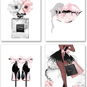 Watercolor Fashion Women Wall Art Glam Poster Modern Artwork for Girls Bedroom Pink Flowers Perfume Handbag High Heel Lips Paintings for Women Room Bathroom Gift (8x10 inch，Set of 4，Unframed)