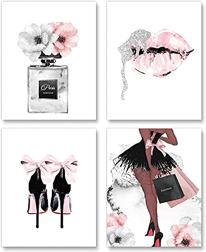 Watercolor Fashion Women Wall Art Glam Poster Modern Artwork for Girls Bedroom Pink Flowers Perfume Handbag High Heel Lips Paintings for Women Room Bathroom Gift (8x10 inch，Set of 4，Unframed)