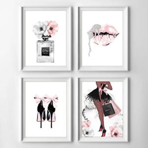 Watercolor Fashion Women Wall Art Glam Poster Modern Artwork for Girls Bedroom Pink Flowers Perfume Handbag High Heel Lips Paintings for Women Room Bathroom Gift (8x10 inch，Set of 4，Unframed)