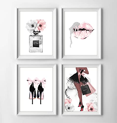 Watercolor Fashion Women Wall Art Glam Poster Modern Artwork for Girls Bedroom Pink Flowers Perfume Handbag High Heel Lips Paintings for Women Room Bathroom Gift (8x10 inch，Set of 4，Unframed)