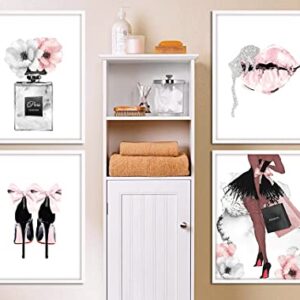 Watercolor Fashion Women Wall Art Glam Poster Modern Artwork for Girls Bedroom Pink Flowers Perfume Handbag High Heel Lips Paintings for Women Room Bathroom Gift (8x10 inch，Set of 4，Unframed)