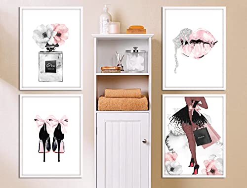 Watercolor Fashion Women Wall Art Glam Poster Modern Artwork for Girls Bedroom Pink Flowers Perfume Handbag High Heel Lips Paintings for Women Room Bathroom Gift (8x10 inch，Set of 4，Unframed)