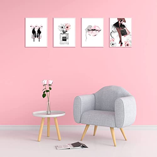 Watercolor Fashion Women Wall Art Glam Poster Modern Artwork for Girls Bedroom Pink Flowers Perfume Handbag High Heel Lips Paintings for Women Room Bathroom Gift (8x10 inch，Set of 4，Unframed)