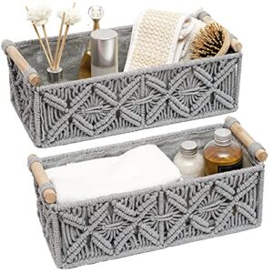 Macrame Storage Basket Boho Decor Baskets for Organizing Woven Decorative Basket for Countertop Toilet Paper Basket for Tank Top for Home Decor Bedroom Nursery Livingroom Entryway (Set of 2,Grey)