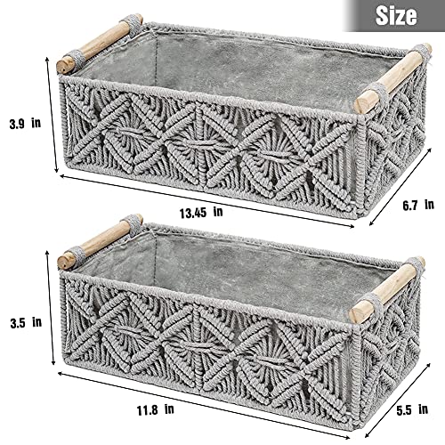 Macrame Storage Basket Boho Decor Baskets for Organizing Woven Decorative Basket for Countertop Toilet Paper Basket for Tank Top for Home Decor Bedroom Nursery Livingroom Entryway (Set of 2,Grey)