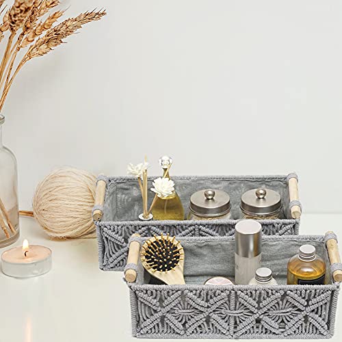 Macrame Storage Basket Boho Decor Baskets for Organizing Woven Decorative Basket for Countertop Toilet Paper Basket for Tank Top for Home Decor Bedroom Nursery Livingroom Entryway (Set of 2,Grey)