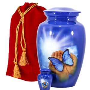 THE ASCENT MEMORIAL Urn for Human Ashes Adult Male Female | Butterfly Printed Large Funeral Urn | Complimentary Small Keepsake Vial | 2 Velvet Carry Bags for Urns and Keepsakes