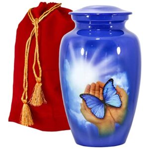 THE ASCENT MEMORIAL Urn for Human Ashes Adult Male Female | Butterfly Printed Large Funeral Urn | Complimentary Small Keepsake Vial | 2 Velvet Carry Bags for Urns and Keepsakes