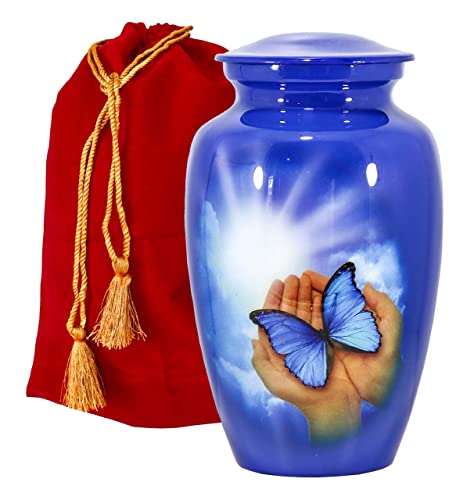 THE ASCENT MEMORIAL Urn for Human Ashes Adult Male Female | Butterfly Printed Large Funeral Urn | Complimentary Small Keepsake Vial | 2 Velvet Carry Bags for Urns and Keepsakes