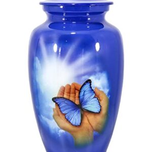 THE ASCENT MEMORIAL Urn for Human Ashes Adult Male Female | Butterfly Printed Large Funeral Urn | Complimentary Small Keepsake Vial | 2 Velvet Carry Bags for Urns and Keepsakes