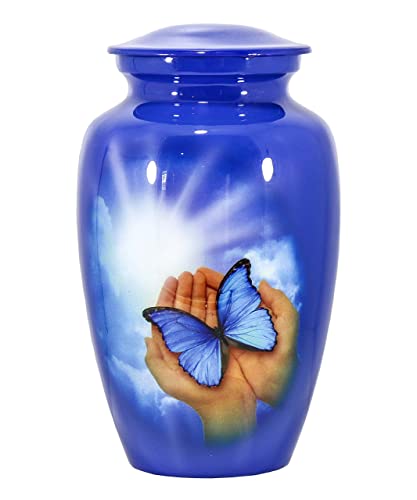 THE ASCENT MEMORIAL Urn for Human Ashes Adult Male Female | Butterfly Printed Large Funeral Urn | Complimentary Small Keepsake Vial | 2 Velvet Carry Bags for Urns and Keepsakes