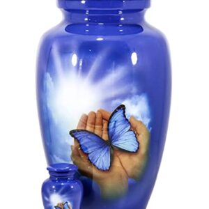 THE ASCENT MEMORIAL Urn for Human Ashes Adult Male Female | Butterfly Printed Large Funeral Urn | Complimentary Small Keepsake Vial | 2 Velvet Carry Bags for Urns and Keepsakes