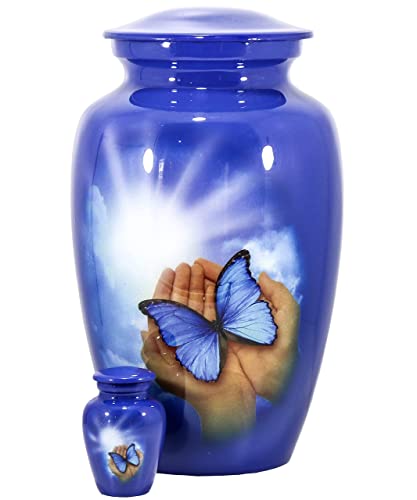 THE ASCENT MEMORIAL Urn for Human Ashes Adult Male Female | Butterfly Printed Large Funeral Urn | Complimentary Small Keepsake Vial | 2 Velvet Carry Bags for Urns and Keepsakes