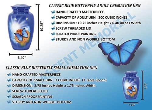 THE ASCENT MEMORIAL Urn for Human Ashes Adult Male Female | Butterfly Printed Large Funeral Urn | Complimentary Small Keepsake Vial | 2 Velvet Carry Bags for Urns and Keepsakes